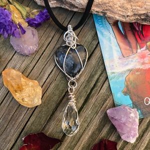 Hand Wire Wrapped Larvikite Heart Dangle Pendant Necklace